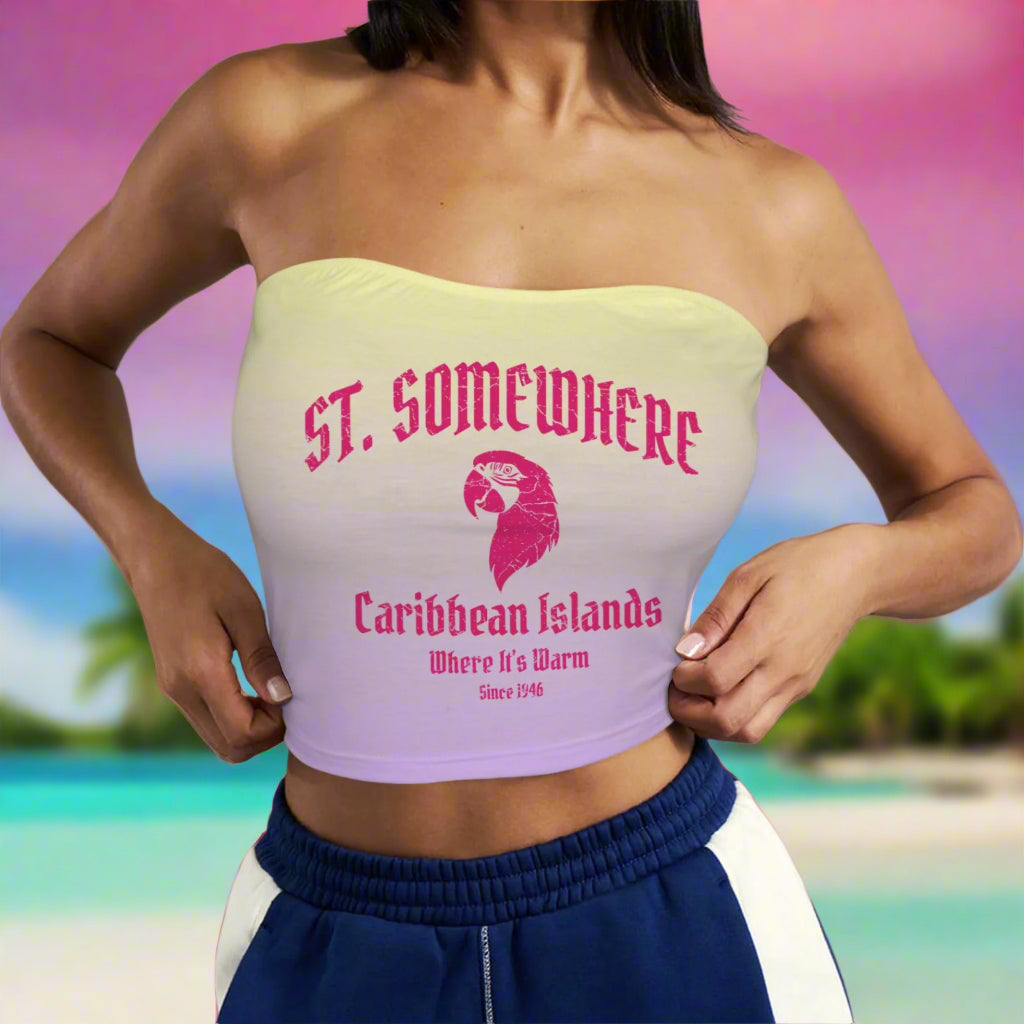 Woman wearing a strapless top with 'St. Somewhere Caribbean Islands' text and logo over pastel yellow and pink ombré somewhere in the Caribbean Island