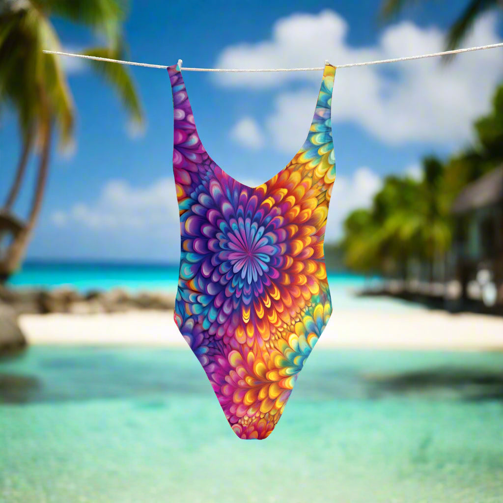 Colorful tie-dye swimsuit hanging on a line in a tropical island paradise