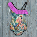 ParrotHead Girls Swimsuit with Ruffles on a rustic nautical wood background 