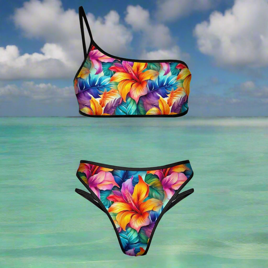 Colorful floral bikini set on an island beach background