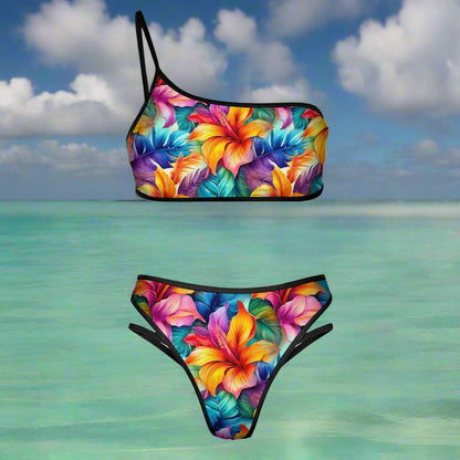Colorful floral bikini set on an island beach background