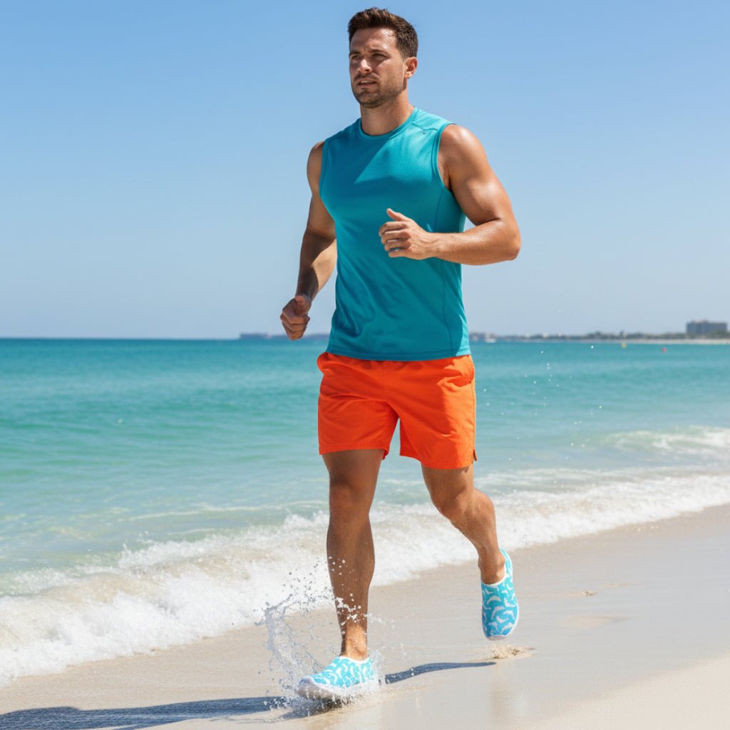 Muscular dude wearing dolphin water shoes, orange shorts and a teal tank top, jogging along the waves in Palm Beach Florida - square format