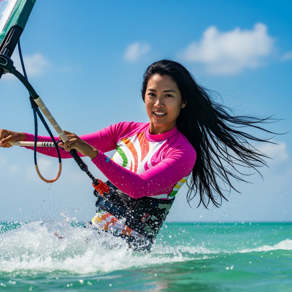 Beautiful woman with long black hair wearing a colorful sun rashie panama beach florida