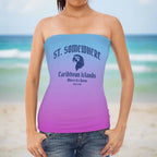 Blue to purple Ombré strapless top with text and parrot head graphic on a beachwear model standing on a beach somewhere in the Caribbean.