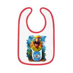 A white bib with a colorful parakeet design in the center.