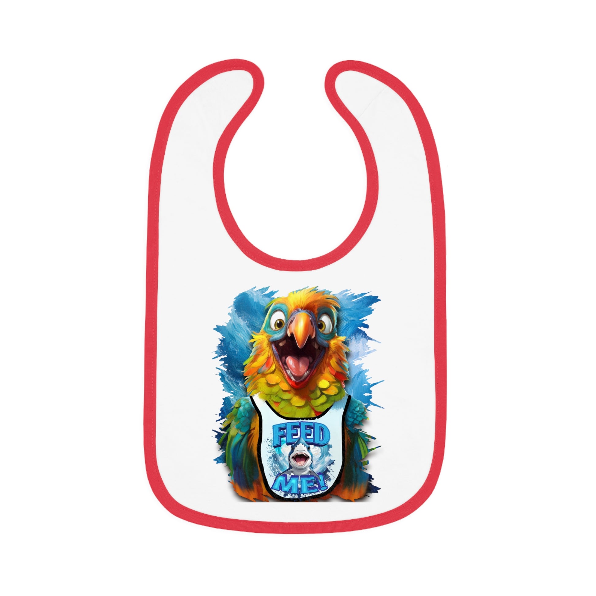A white bib with a colorful parakeet design in the center.
