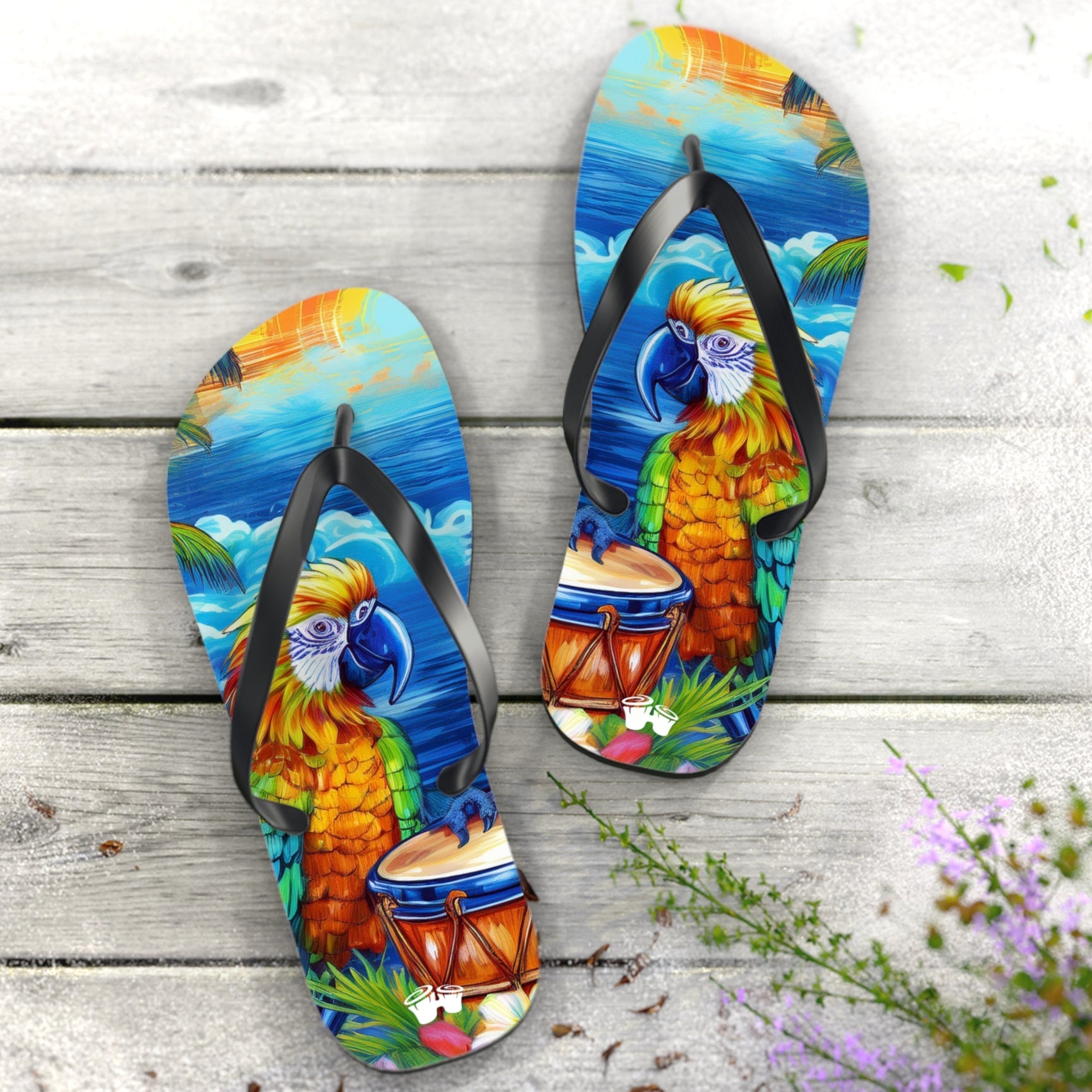 Colorful flip-flops with parrot head design on a wooden surface