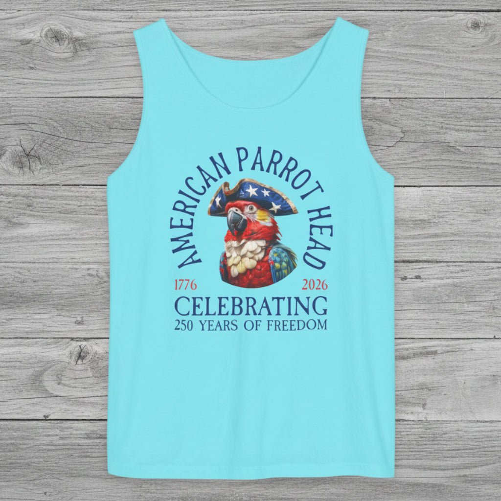 Light blue tank top with 'American Parrot Head' design on a rustic wood background
