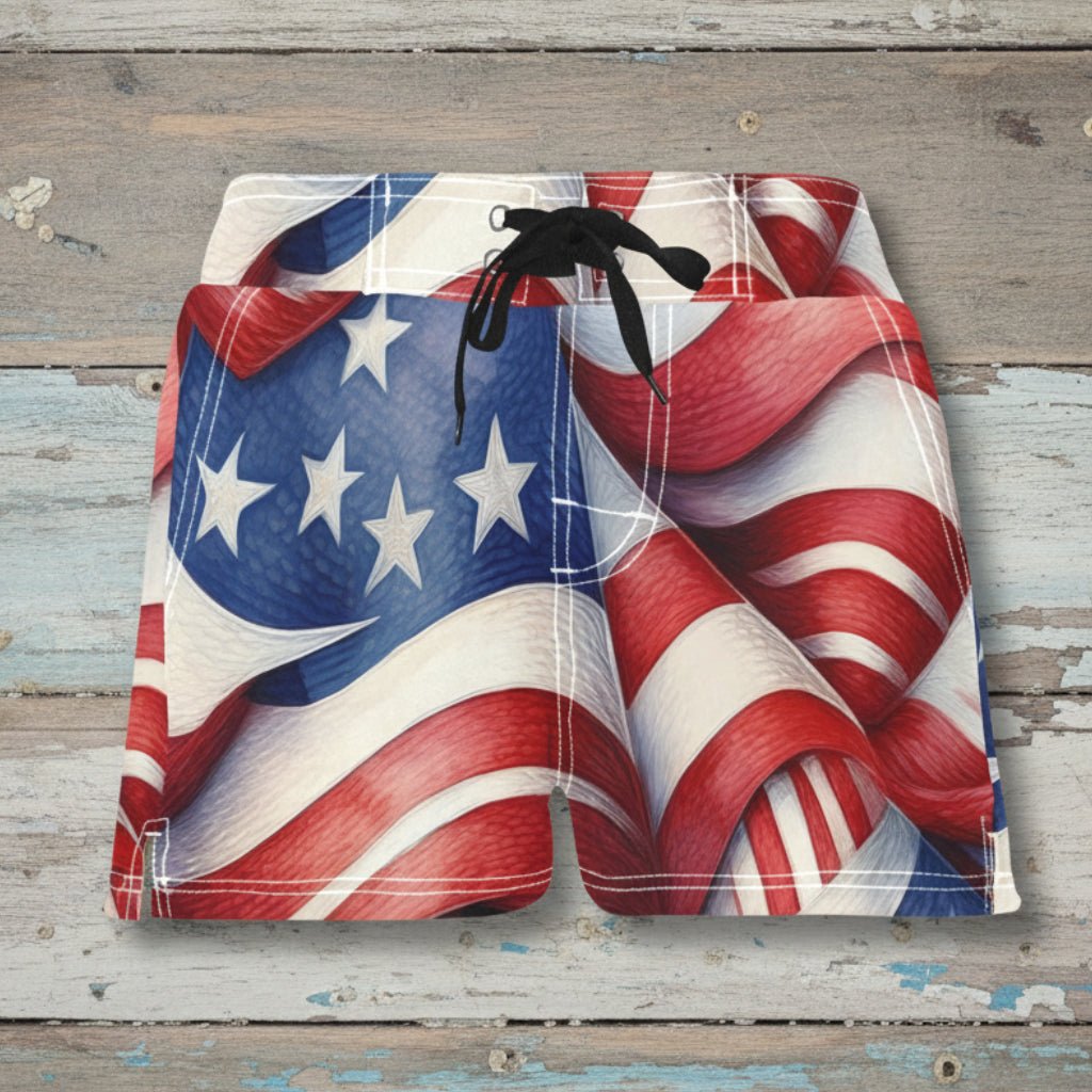 American flag patterned shorts on a white background