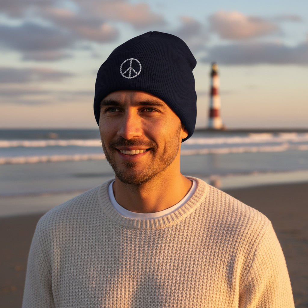 A dark navy Sailer's Watch Cap with a folded cuff, featuring a white embroidered peace sign on the front, set against a light gray background.