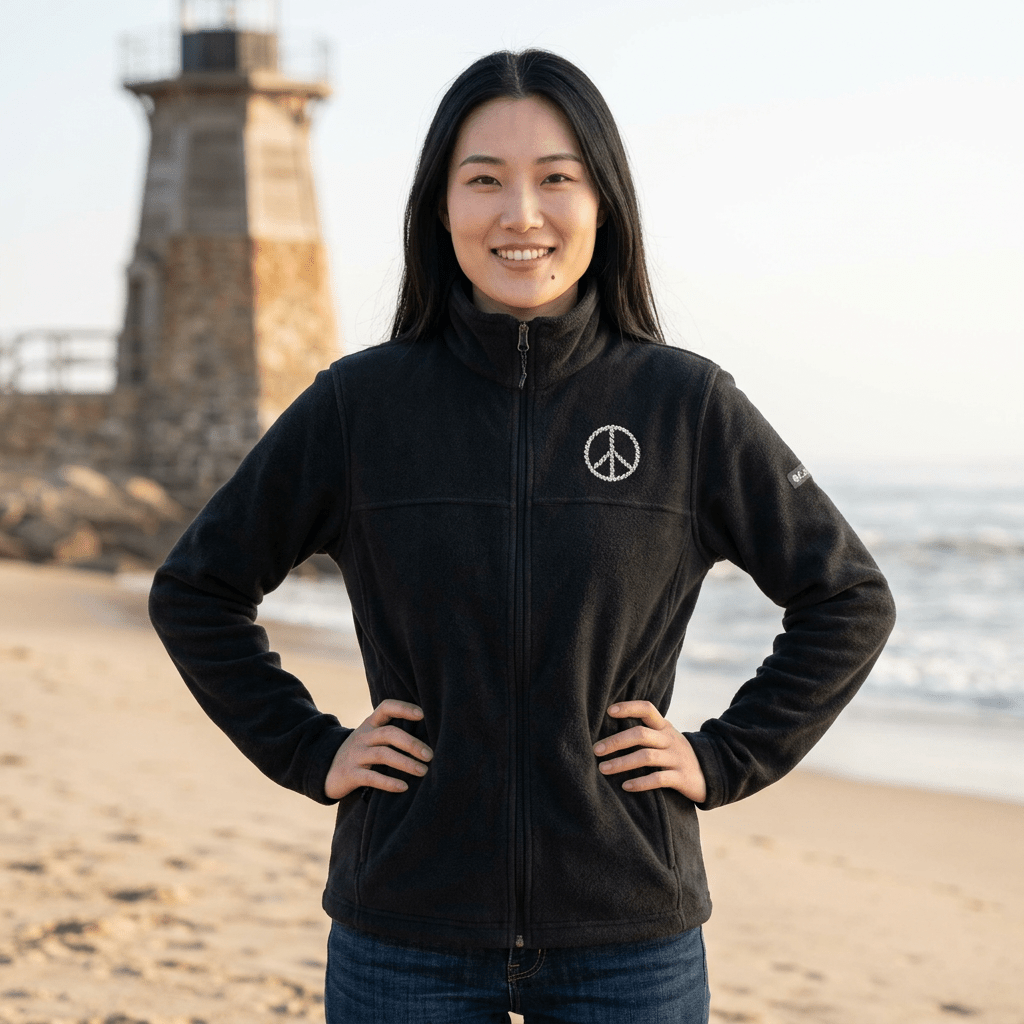 A woman stands on a sandy beach with the ocean and a lighthouse in the background, wearing a black zip-up fleece jacket with a white peace sign logo on the left chest.