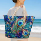 Person holding a tote bag with peacock feather design outdoors