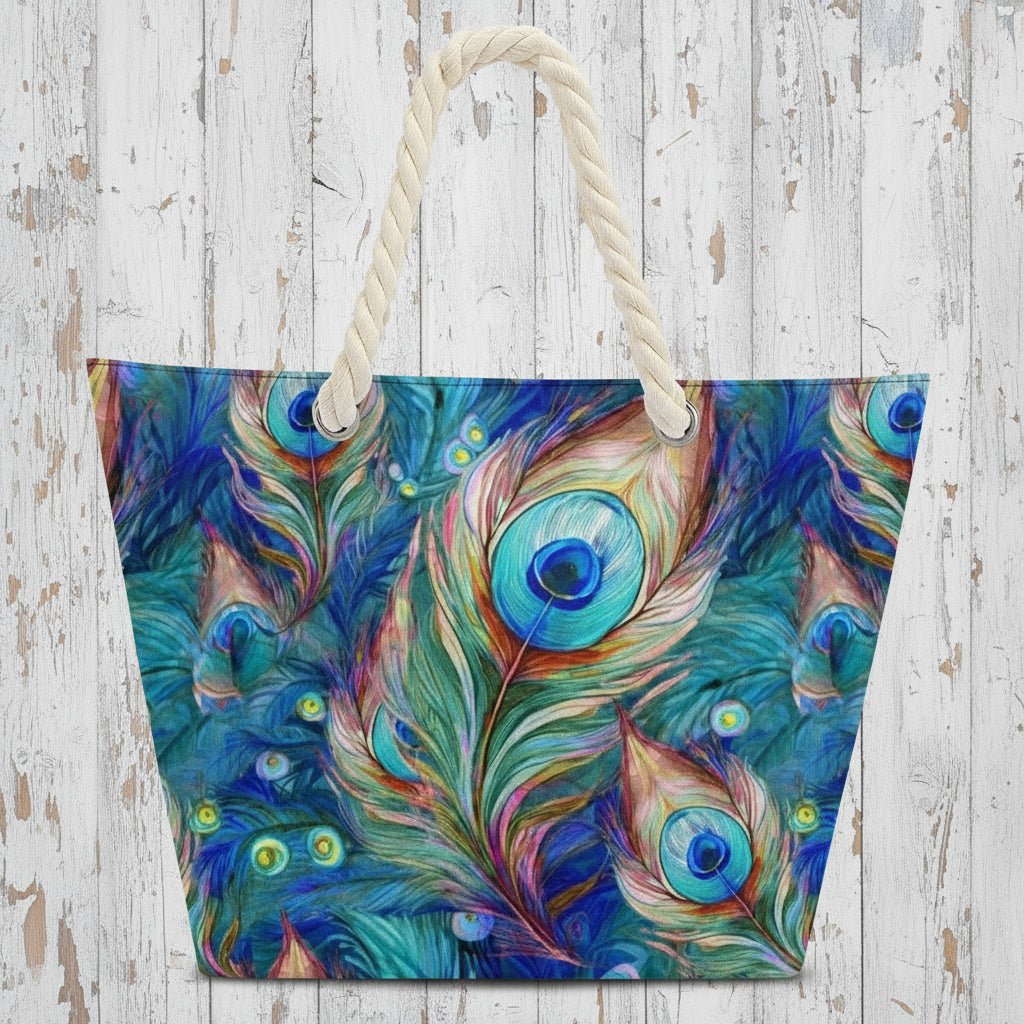 Tote bag with peacock feather design on a white background