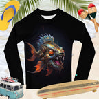 Black long-sleeve kids rash guard with a fish graphic on a beach-themed background with flip-flops, maracas, and a toy van.