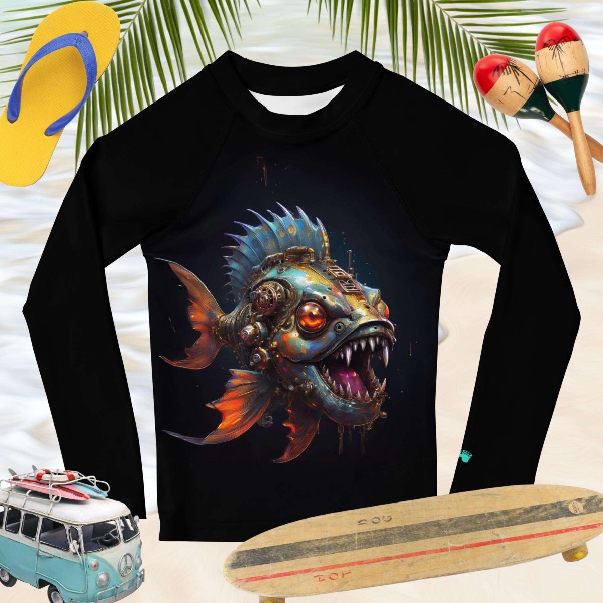 Black long-sleeve kids rash guard with a fish graphic on a beach-themed background with flip-flops, maracas, and a toy van.