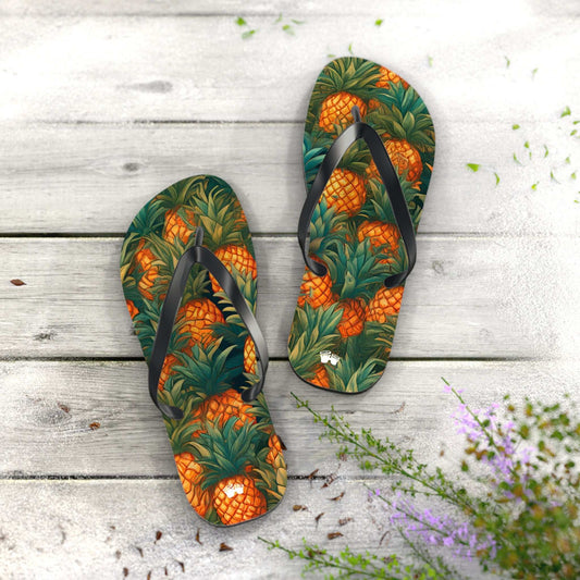 Tropical pineapple pattern flip-flops on wooden surface, perfect for summer beach vibes and poolside lounging.