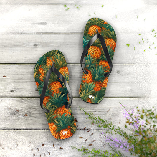 Playful pineapple pattern flip-flops on a wooden surface, perfect for summer fun and tropical vibes.