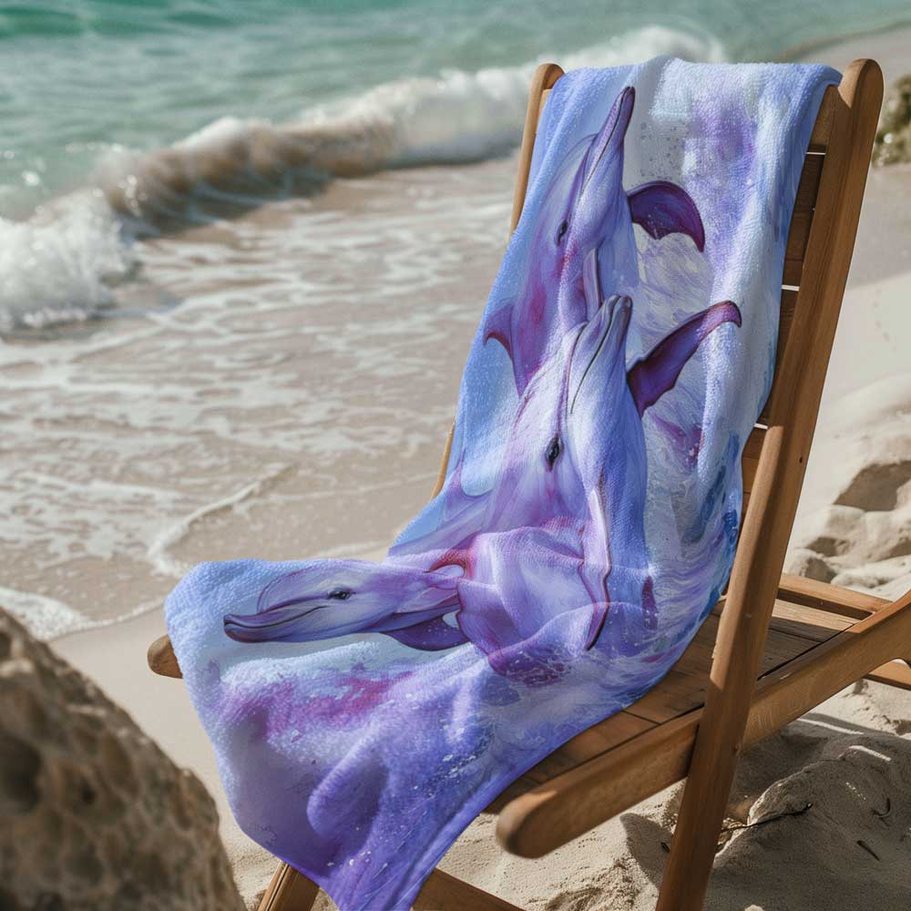 Pink Dolphins on a beach towel draped over a deck chair on the beach