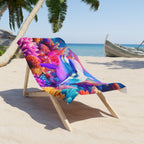 A colorful beach towel with a vibrant pink dolphin coral reef and tropical fish print, set on a sandy beach with palm trees and a small boat in the background.