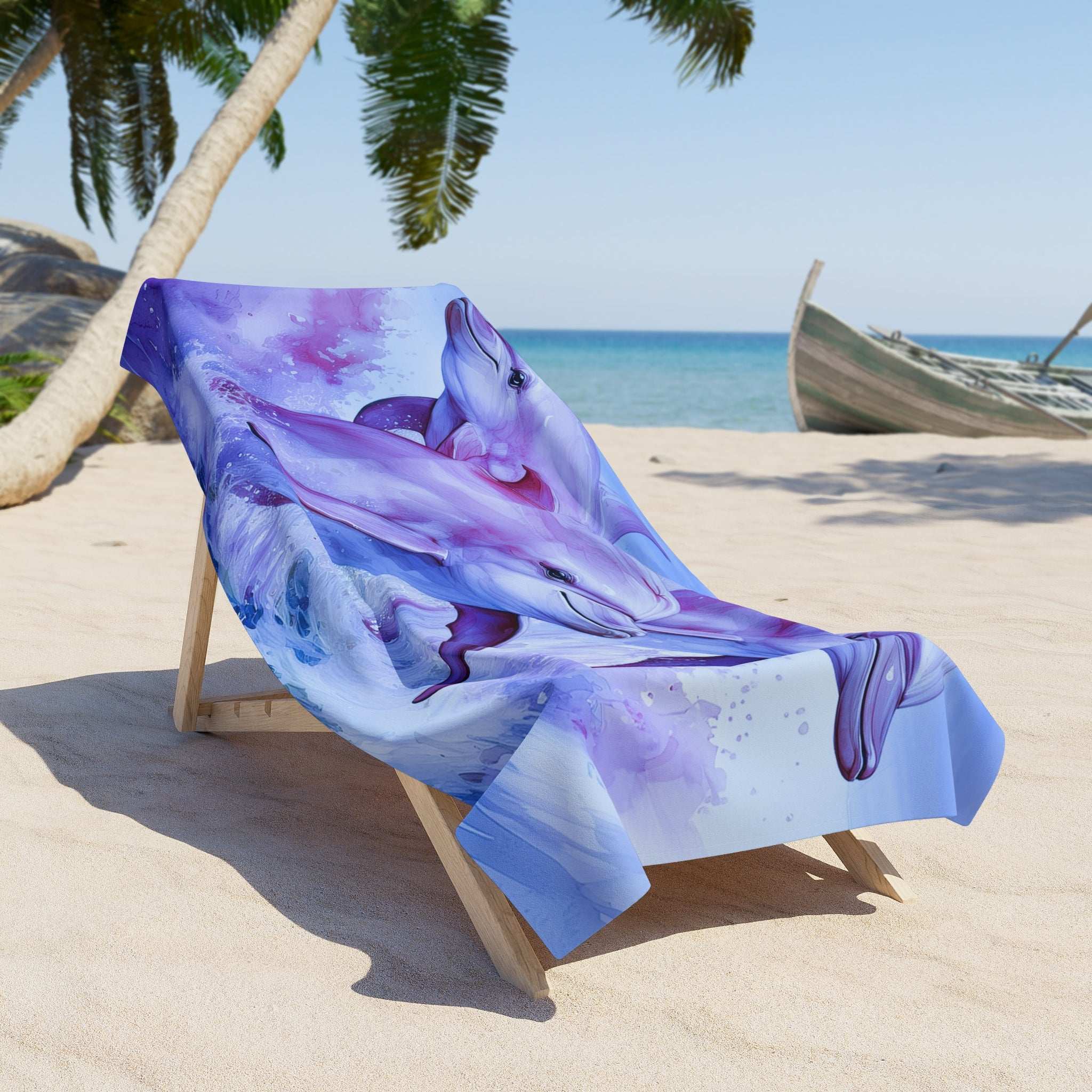 a pink and purple dolphin beach towel laying on a beach lounger under a palm tree with the ocean and an old fishing boat beached on the shore