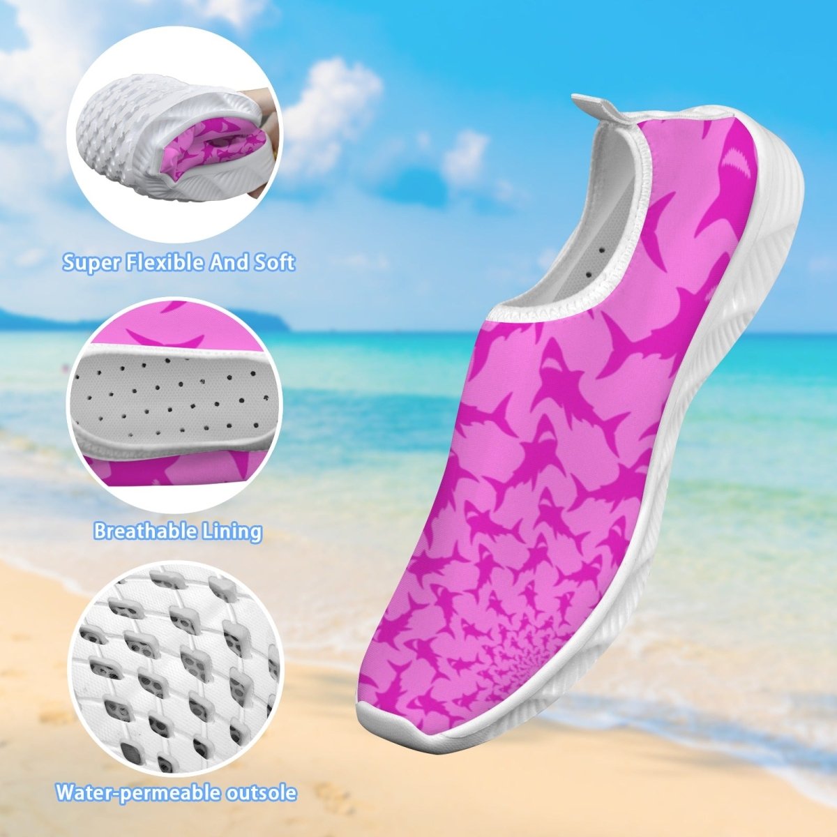 Pink and white slip-on water shoe with a shark pattern, shown on a beach background with three circular inset detail images highlighting flexibility, breathable lining, and water-permeable outsole.