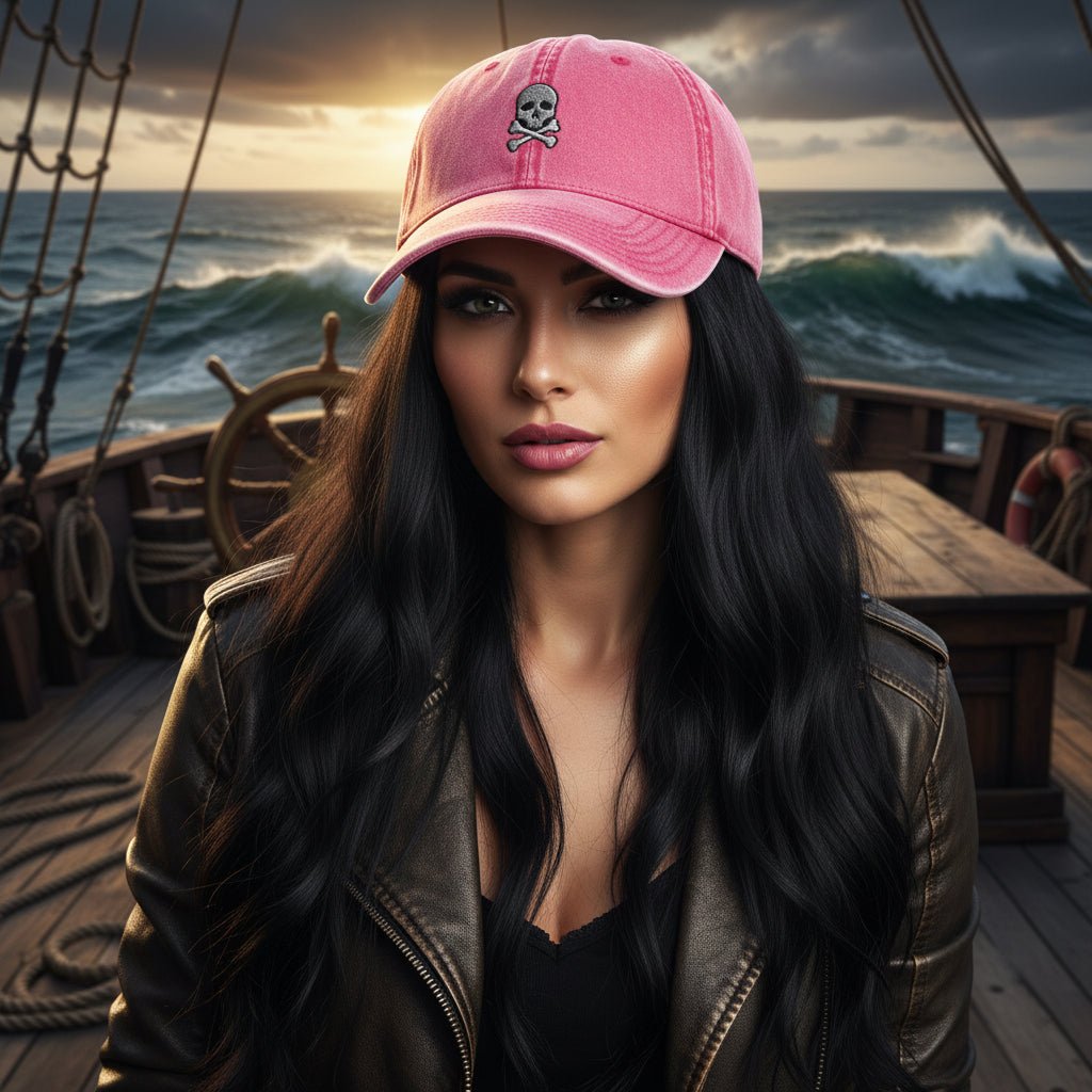 A woman with long dark hair wearing a pink baseball cap with a skull-and-crossbones patch and a black leather jacket, standing on a wooden ship deck with the ocean and stormy sky in the background.