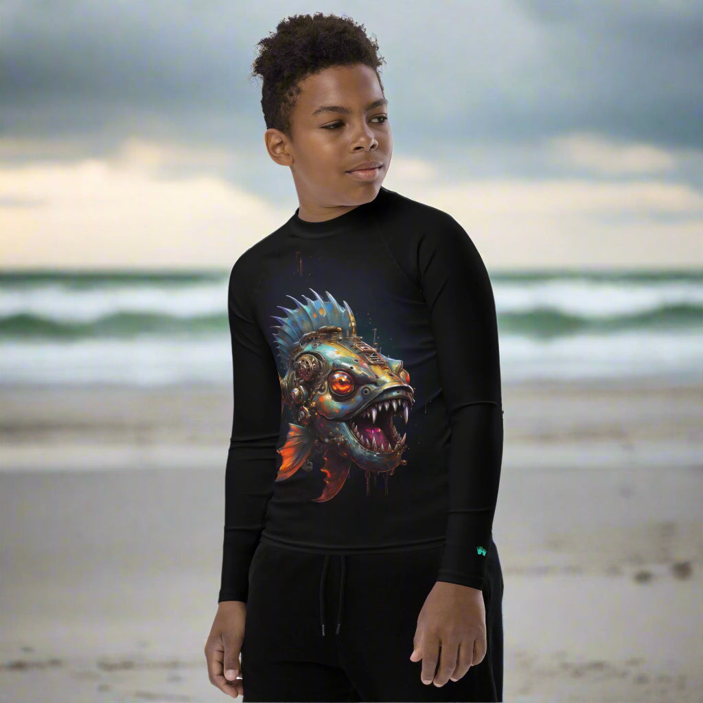 Cool teen wearing Pet Piranha Rash Guard on Daytona Beach