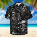Hawaiian shirt with black and white pirate design on a Caribbean beach background