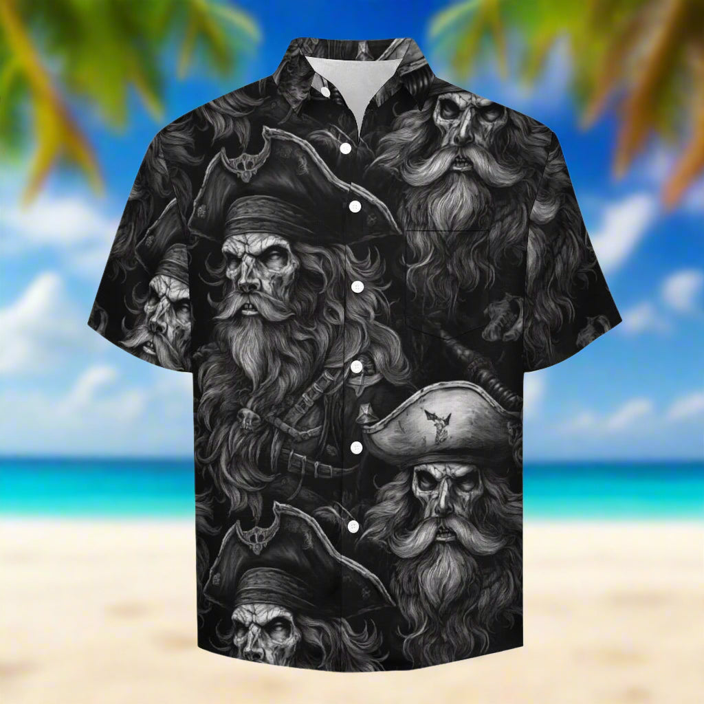Hawaiian shirt with black and white pirate design on a Caribbean beach background