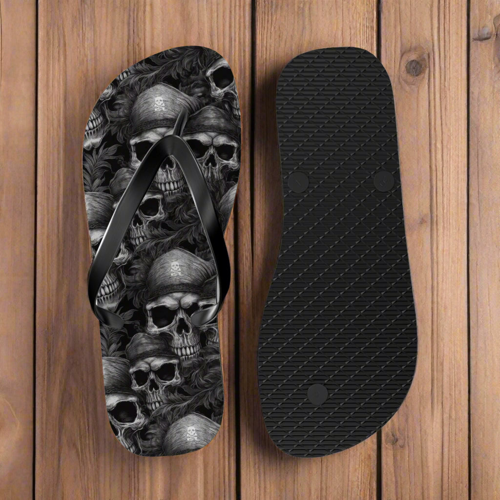 Flip-flop with skull design on a rustic nautical wood background
