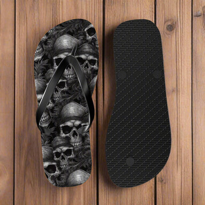 Flip-flop with skull design on a rustic nautical wood background
