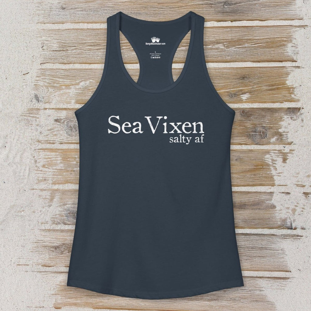 Black tank top with 'Sea Vixen salty af' text on a sandy wood surface