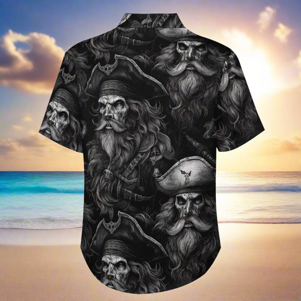 Short-sleeve shirt with black and white pirate-themed design on a Caribbean beach background