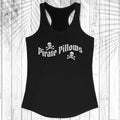A black racerback tank top with 'Pirate Pillows' and skull-and-crossbones graphics on the front, displayed flat against a white wood plank background.
