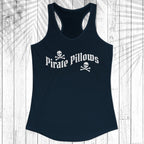 A navy blue racerback tank top with a white graphic of two skeletal hands forming a heart shape on the chest, displayed flat against a white wood plank background with a leaf shadow overlay.