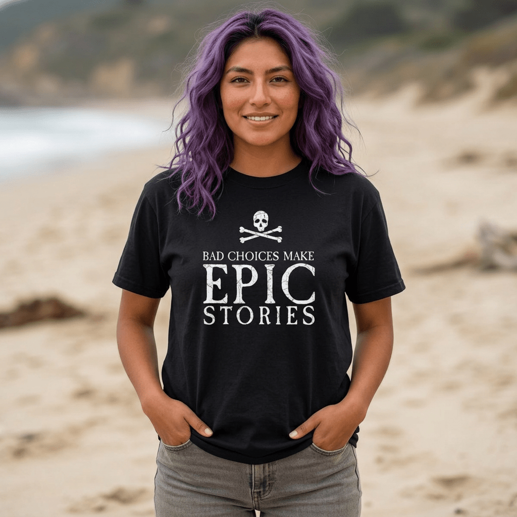 A woman with purple hair stands on a sandy beach wearing a black graphic t-shirt that reads 'BAD CHOICES MAKE EPIC STORIES' with a skull and crossbones above it.