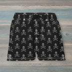 Black shorts with white accents on a rustic wood background