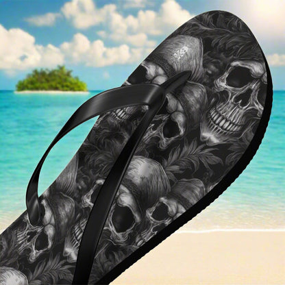 Flip-flop with skull design on a beach background