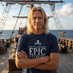 dude wearing a navy blue short-sleeve t-shirt with a white graphic print on the front, laid flat on a rustic light wood plank background. The graphic features a skull and crossbones above the text 'BAD CHOICES MAKE EPIC STORIES'.