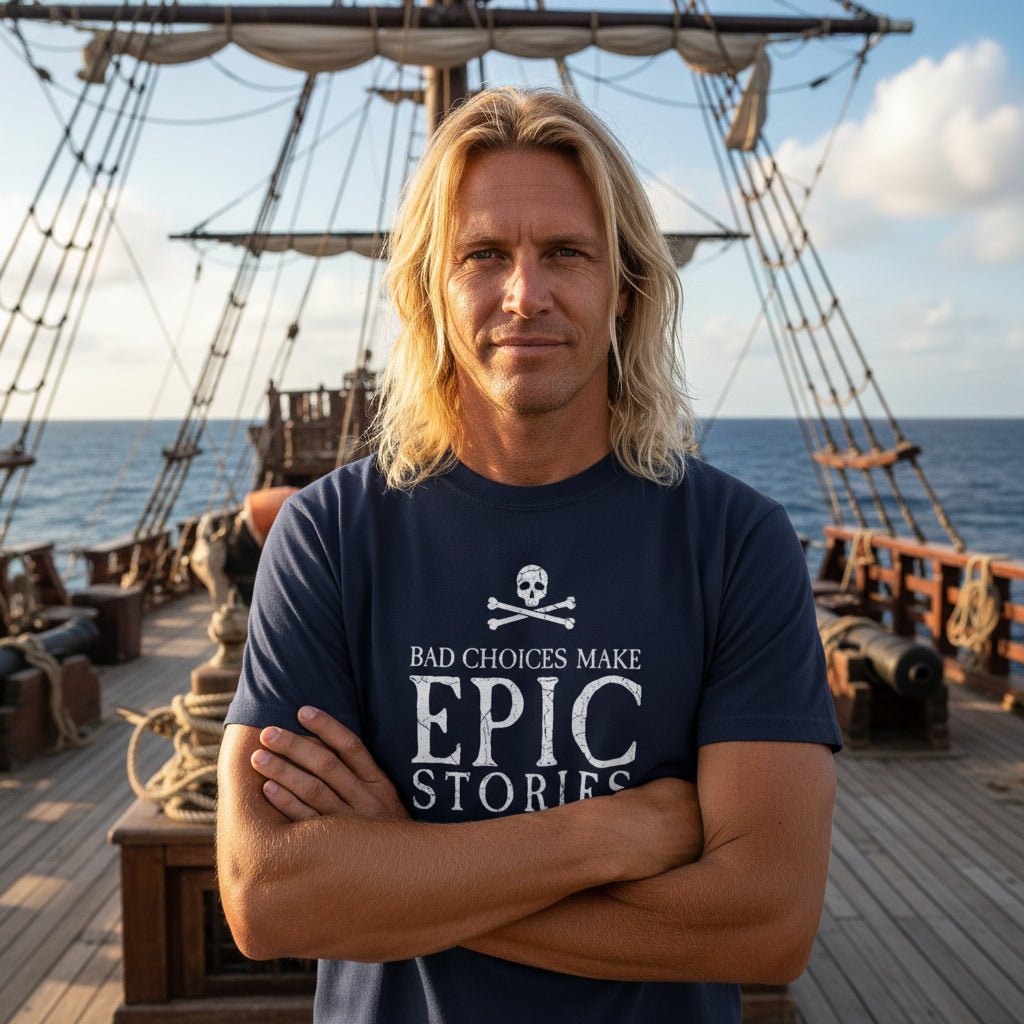 dude wearing a navy blue short-sleeve t-shirt with a white graphic print on the front, laid flat on a rustic light wood plank background. The graphic features a skull and crossbones above the text 'BAD CHOICES MAKE EPIC STORIES'.