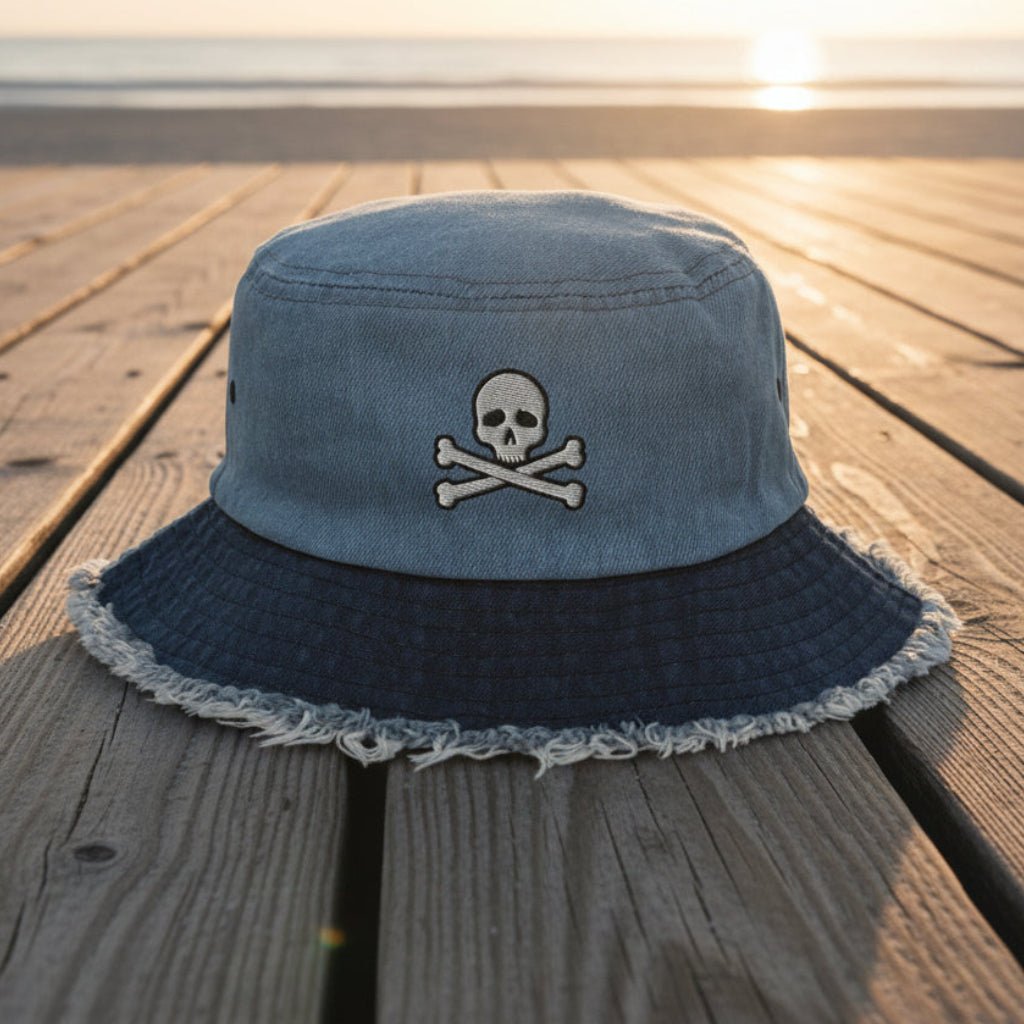 Blue bucket hat with frayed edge on a  beachside boardwalk