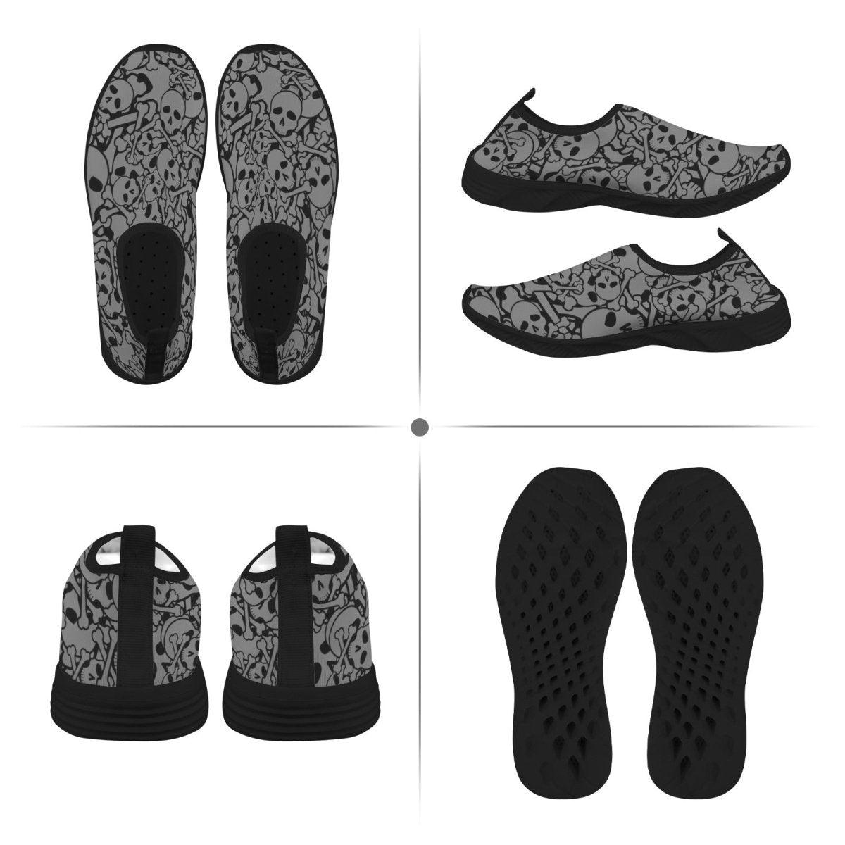 A four-panel product display of slip-on water shoes showing the top, side, and sole views. The shoes feature a gray and black pirate skull pattern with a black textured footbed and black soles.