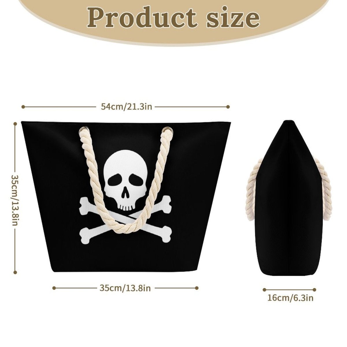 Pirate flag with skull and crossbones design, showing product size measurements.