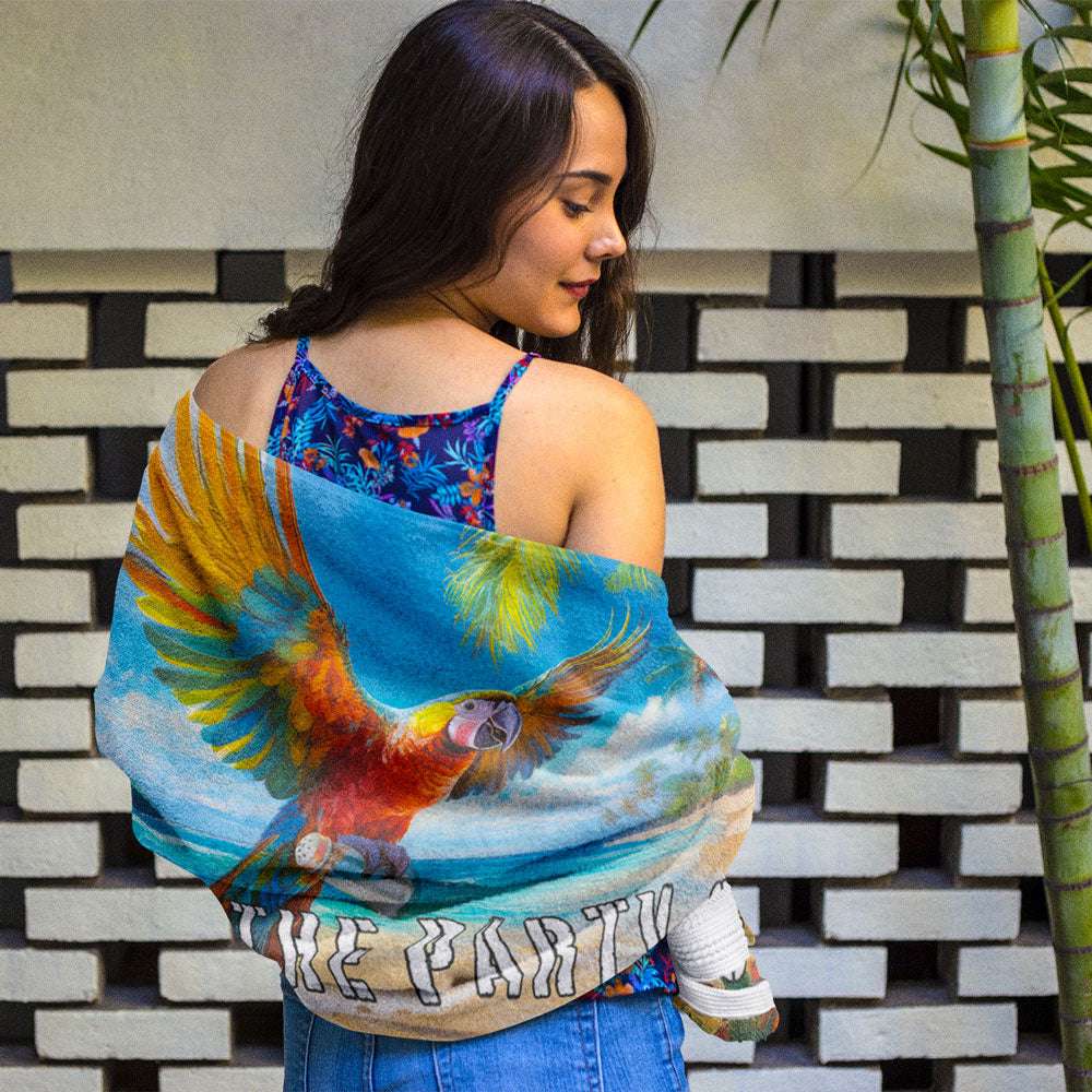 Parrot Head wrapping herself in a Keep the party going Beach Towel
