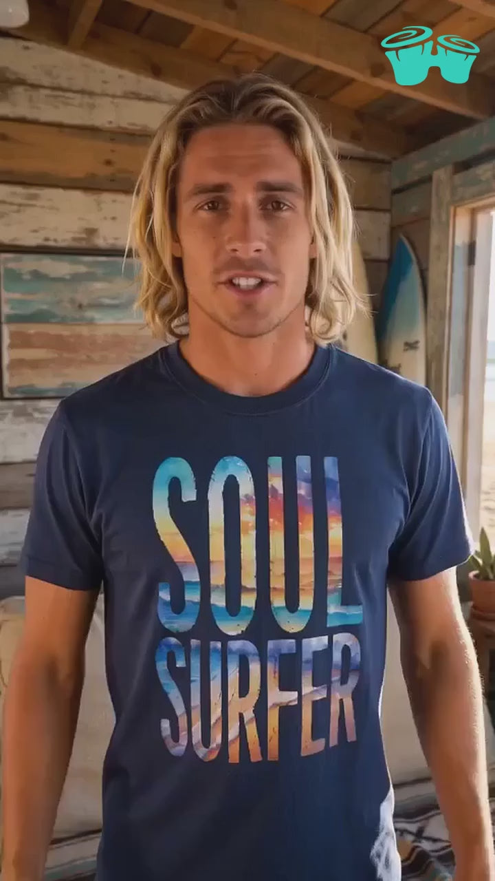 Surfer dude in a beachside surf shack wearing a Soul Surfer tee by Bongo Beachwear. 