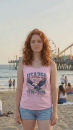 American ParrotHead Tank Top worn by a young lady with messy red hair on Santa Monica Beach