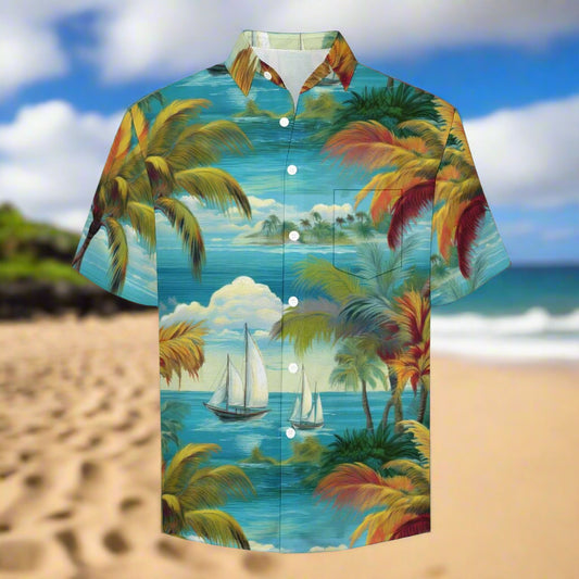 Hawaiian shirt with tropical island design featuring palm trees and sailboats, on a Maui beach backdrop