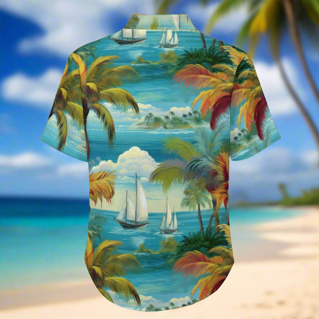 Hawaiian shirt with tropical island and palm tree design on a Maui Beach  background
