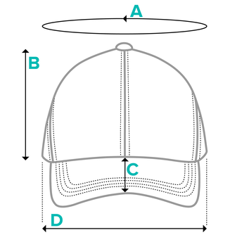 Diagram of a baseball cap with labeled dimensions on a white background