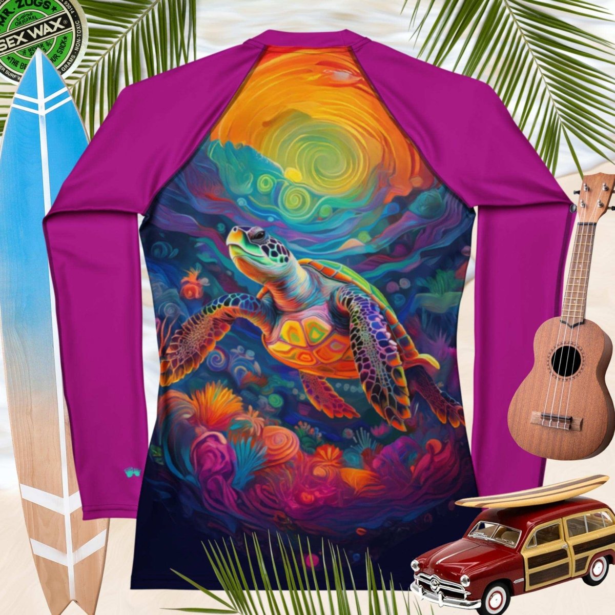 Colorful rash guard with a psychedelic sea turtle design on a tropical background with surfboard, ukulele, and model woody car.